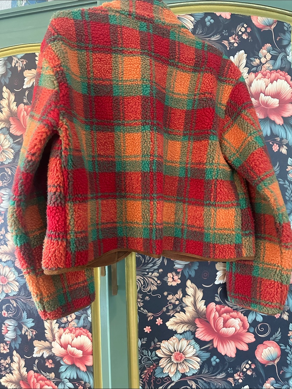 Cider Plaid Teddy Jacket in Red, Orange & Green - Picture 5 of 7